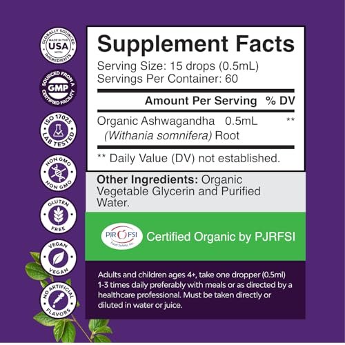 USDA Organic Ashwagandha Liquid Drops - Ashwagandha Root Extract for Stress and Mood Support - Delicious Pure Adaptogen Drops for Adults - Alcohol-Free Herbal Tinctures for Rest - 1 Fl Oz - görsel 5