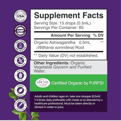 USDA Organic Ashwagandha Liquid Drops - Ashwagandha Root Extract for Stress and Mood Support - Delicious Pure Adaptogen Drops for Adults - Alcohol-Free Herbal Tinctures for Rest - 1 Fl Oz
