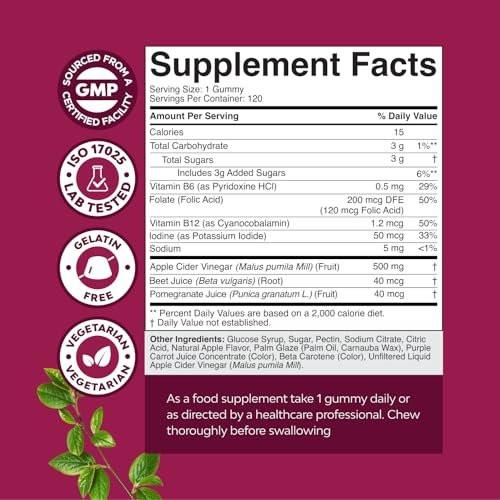 ACV Apple Cider Vinegar Gummies - Natural Energy Supplement ACV with Mother for Body Cleanse Immune Support and Gut Health with Vitamin B12 and Beet Root - 120 Count - görsel 13