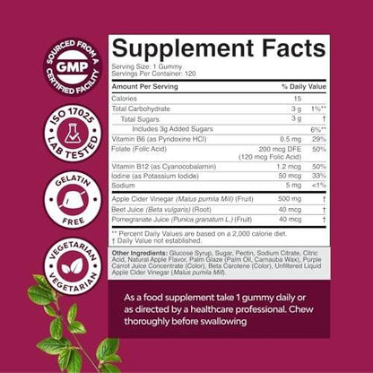 ACV Apple Cider Vinegar Gummies - Natural Energy Supplement ACV with Mother for Body Cleanse Immune Support and Gut Health with Vitamin B12 and Beet Root - 120 Count