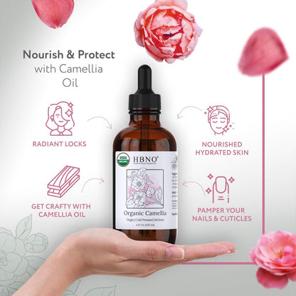 HBNO Organic Camellia Oil - Huge 4 oz (120ml) Value Size - USDA Certified Organic Camellia Oil, Cold Pressed Carrier Oil for Face, Body, Lips, Nails, Shampoo & Conditioner