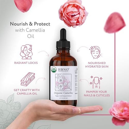 HBNO Organic Camellia Oil - Huge 4 oz (120ml) Value Size - USDA Certified Organic Camellia Oil, Cold Pressed Carrier Oil for Face, Body, Lips, Nails, Shampoo & Conditioner