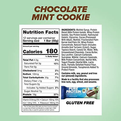 Pure Protein Chocolate Mint Cookie Protein Bars – 20g Protein, 3g Sugar, 190 Calories (12 count) Low Sugar* High Protein Snack - Gluten Free - Perfect for a Healthy Snack