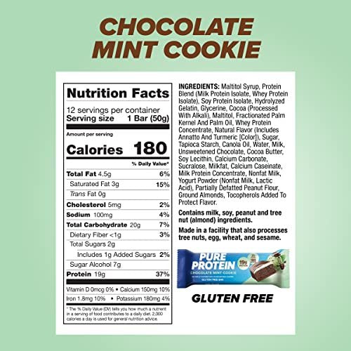 Pure Protein Chocolate Mint Cookie Protein Bars – 20g Protein, 3g Sugar, 190 Calories (12 count) Low Sugar* High Protein Snack - Gluten Free - Perfect for a Healthy Snack - görsel 10