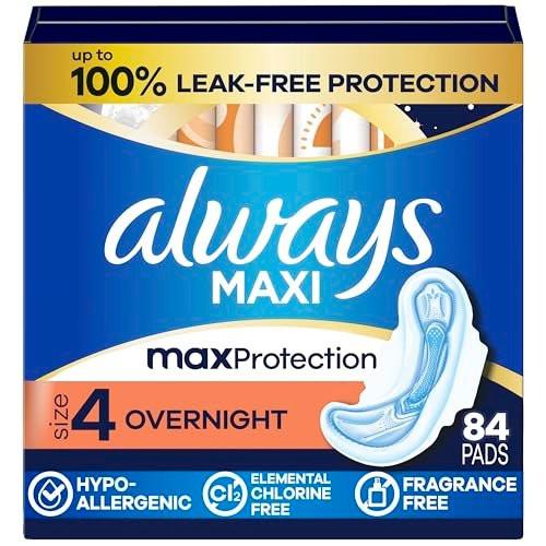 Always Maxi Overnight Pads with Wings for Women, Size 4, Overnight Absorbency, Unscented, 84 Count (3 Packs of 28) - görsel 1