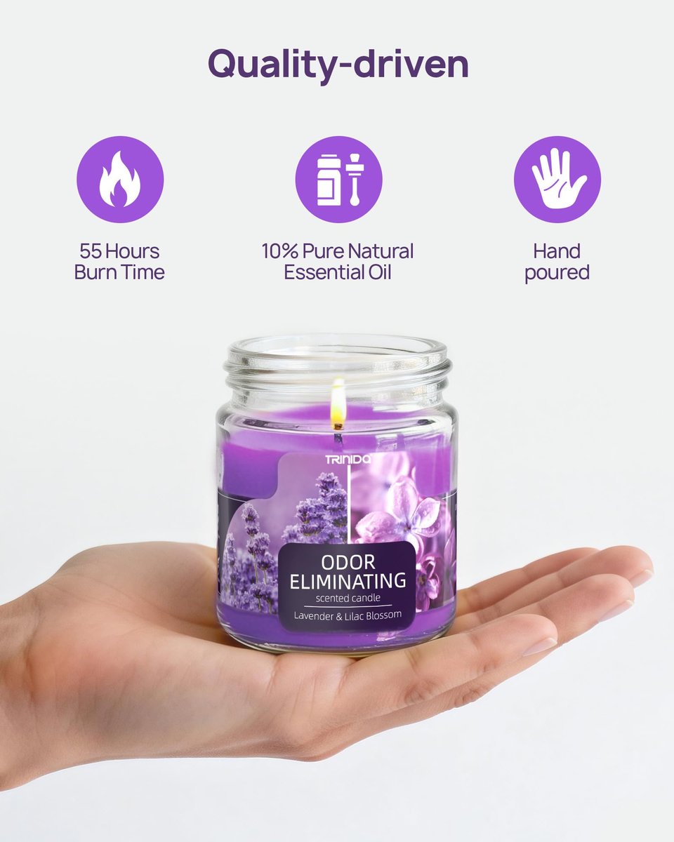 Lavender & Lilac Blossom Odor Eliminating Candles for Home Scented, Eliminates 99% of Pet, Smoke, Food and Other Smells Quickly, Highly Fragranced Candle, Premium Soy Candles Set for Women - görsel 7