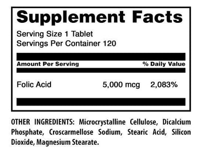 Amazing Formulas Folic Acid 5000 Mcg per Serving | Tablets Supplement | Non-GMO | Gluten-Free | Made in USA (1 Pack | 120 Count)