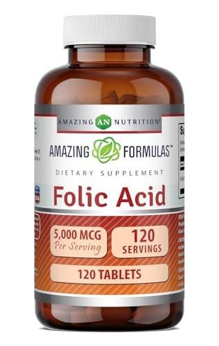 Amazing Formulas Folic Acid 5000 Mcg per Serving | Tablets Supplement | Non-GMO | Gluten-Free | Made in USA (1 Pack | 120 Count) - görsel 1