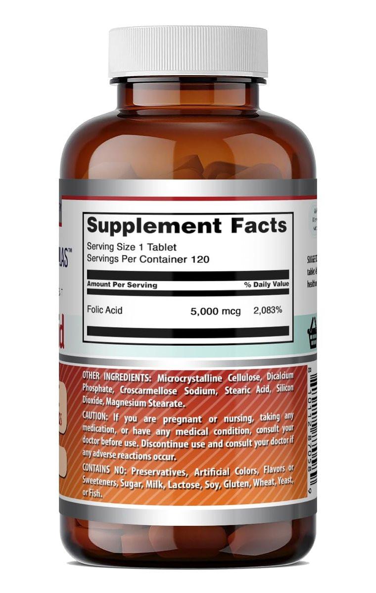 Amazing Formulas Folic Acid 5000 Mcg per Serving | Tablets Supplement | Non-GMO | Gluten-Free | Made in USA (1 Pack | 120 Count) - görsel 11