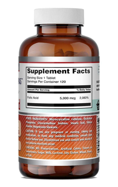 Amazing Formulas Folic Acid 5000 Mcg per Serving | Tablets Supplement | Non-GMO | Gluten-Free | Made in USA (1 Pack | 120 Count)