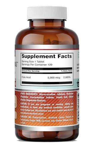 Amazing Formulas Folic Acid 5000 Mcg per Serving | Tablets Supplement | Non-GMO | Gluten-Free | Made in USA (1 Pack | 120 Count) - görsel 10