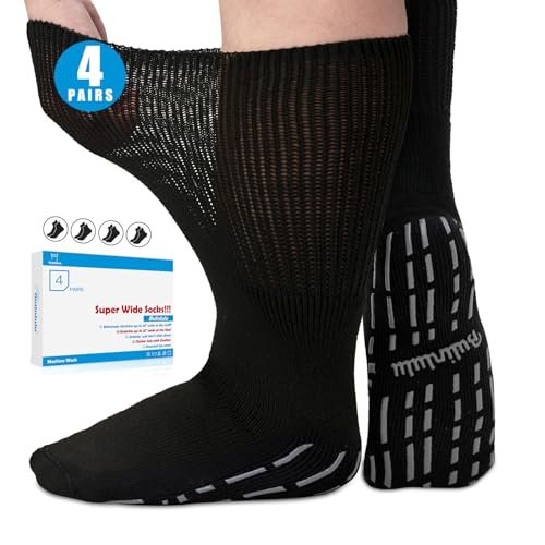 Bulinlulu Extra Width Diabetic Socks Women Men-4 Pairs Super Wide Edema Sock for Swollen Feet, Non Slip Cast Bariatric Hospital, Extra Width Neuropathy Lymphedema Socks with Grips- 4 Black - görsel 2