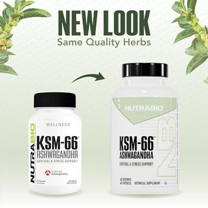 NutraBio Ashwagandha KSM-66 | Ashwagandha Herbal Supplement for Stress, Mood, & Performance | 600 MG of Clinically Studied KSM66 60 Capsules