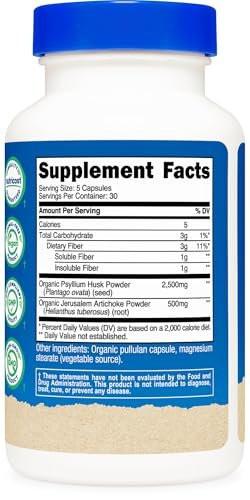 Nutricost Fiber Capsules with Prebiotic Fiber Supplement 150 Capsules - CCOF Certified Supplement, Made with Organic Psyllium Husk & Organic Jerusalem Artichoke, Gluten Free, 3 G Per Serving