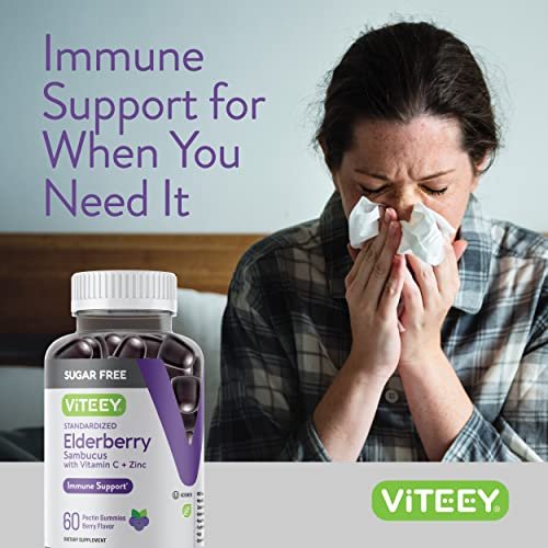 VITEEY Sambucus Elderberry Gummies for Adults & Teens + Zinc & Vitamin C - Sugar Free - Immune Support & Booster Herbal Supplement - Vegan, Gluten Free, Gelatin Free, GMO Free, Chewable Berry Flavored - görsel 7