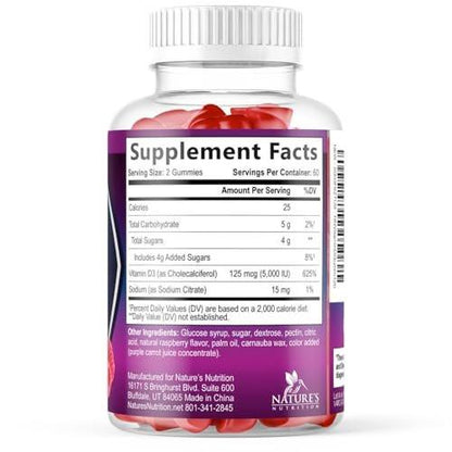 Vitamin D Supplement Gummy - Vitamin D3 125 mcg 5000 IU Per Serving - Bone, Teeth, Muscle and Immune Health Support for Men & Women, Premium VIT D3 Nature's & Gluten Free - 120 Gummies