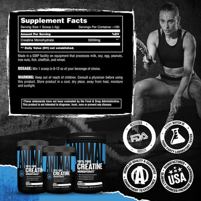 Animal Creatine Monohydrate Powder - Micronized Creatine for Women and Men, Supports Muscle Growth, Strength, Endurance, Recovery and ATP Production, Gym & Workout Supplements - Unflavored, 500g