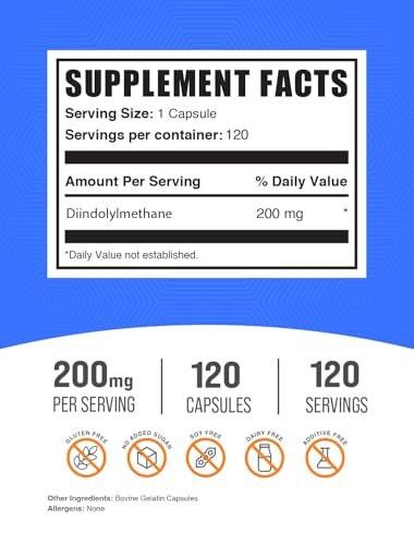 BulkSupplements.com DIM Capsules - Diindolylmethane Capsules for Men & Women, DIM 200mg, Gluten Free, 1 Capsule per Serving, 120 Count (Pack of 1) - görsel 4