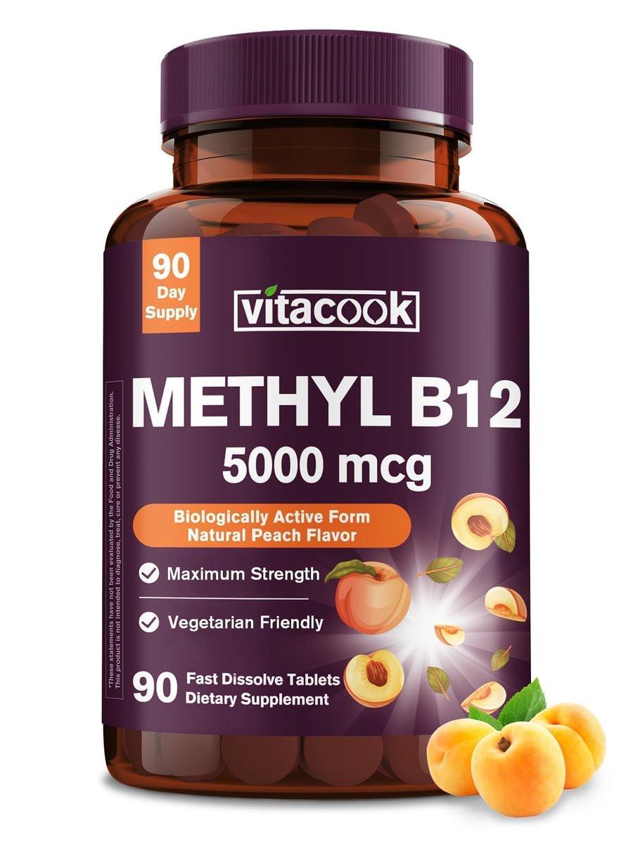 Vitacook Vitamin B12 Sublingual, Methylcobalamin 5000mcg for Energy Production, Energy, Nerve & Cell Support, Natural Peach Flavor, Vegan, Zero Sugar, 90 Fast Dissolve Tablets - görsel 1