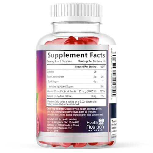 Vitamin D3 Gummies 125 mcg (5000 IU) Per Serving - 3X Strength Immune Support & Bone Support, Vitamin D Gummy Dietary Supplement, Nature's Berry D Vitamin Supplement, Raspberry Flavored - 120 Gummies - görsel 2