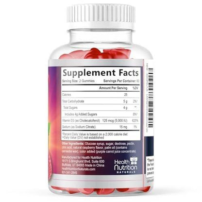 Vitamin D3 Gummies 125 mcg (5000 IU) Per Serving - 3X Strength Immune Support & Bone Support, Vitamin D Gummy Dietary Supplement, Nature's Berry D Vitamin Supplement, Raspberry Flavored - 120 Gummies