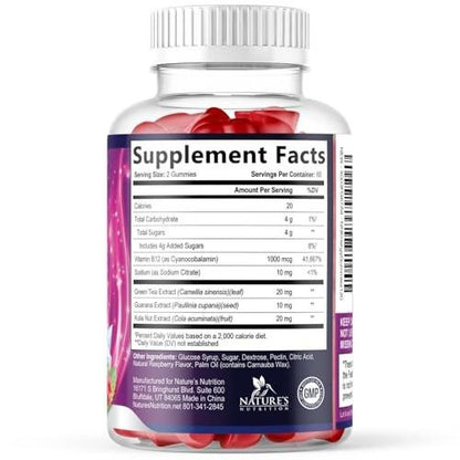 Energy Gummies - Vitamin B12 1000 mcg Per Serving - Daily Energy Chews with Natural Caffeine from Green Tea, Berry Flavored B12 Gummy Exercise Supplement for Running Cycling & Sports - 120 Gummies