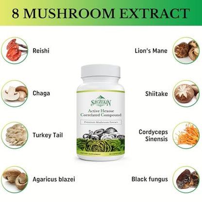 SZCZEKIN Active Hexose Correlated Compound 1500 mg Supplement, Natural 8 Mushroom Extract Supplement, Immune System, Liver Function, Natural Killer and T Cells Activity, 90 Veggie Capsules