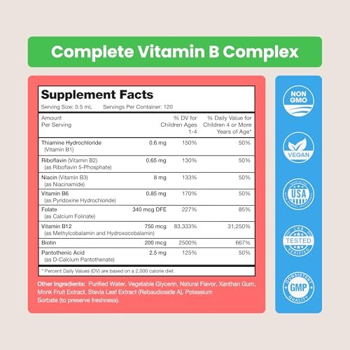 NutraChamps Vitamin B Complex for Kids, B1, B2, B3, B6, B7, B9 & Methyl B12, Kids B Complex Liquid Drops Supplement, Energy, Focus, Metabolism, Natural Berry, 120 Servings, 4 Month Supply - görsel 14