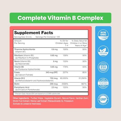 NutraChamps Vitamin B Complex for Kids, B1, B2, B3, B6, B7, B9 & Methyl B12, Kids B Complex Liquid Drops Supplement, Energy, Focus, Metabolism, Natural Berry, 120 Servings, 4 Month Supply