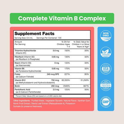 NutraChamps Vitamin B Complex for Kids, B1, B2, B3, B6, B7, B9 & Methyl B12, Kids B Complex Liquid Drops Supplement, Energy, Focus, Metabolism, Natural Berry, 120 Servings, 4 Month Supply