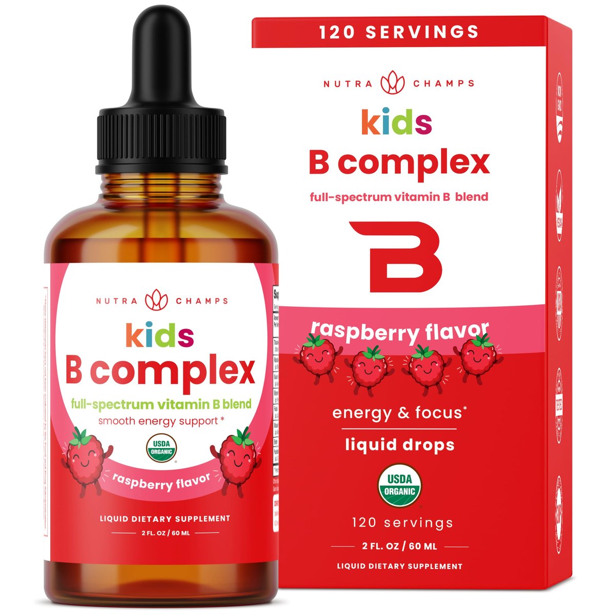 NutraChamps Vitamin B Complex for Kids, B1, B2, B3, B6, B7, B9 & Methyl B12, Kids B Complex Liquid Drops Supplement, Energy, Focus, Metabolism, Natural Berry, 120 Servings, 4 Month Supply - görsel 1