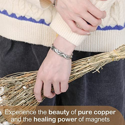 Feraco Copper Bracelet for Women 99.99% Solid Copper Magnetic Bracelets, Unique X Shape Links, Magnetic Field Therapy Jewelry Gifts (Silver X with Ring)