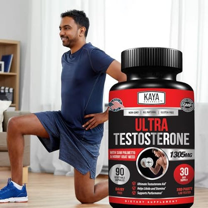 Kaya Naturals UltraTest - Men's T Booster with Tongkat Ali, Horny Goat Weed, Tribulus - Natural Workout Supplement for Energy, Stamina, and Strength Booster - 180 Count