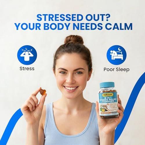 6-in-1 Stress Relief Gummies 60ct - Aids Relaxation with Ashwagandha, GABA, L-theanine, Lemon Balm, Chamomile, Black Cumin Seed Nigella Sativa. Improved Deep Sleep, Joint Support - 60 gummies - görsel 3