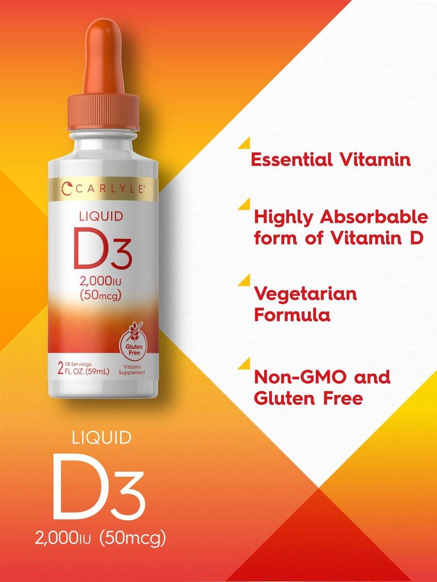 Carlyle Vitamin D3 Liquid Drops | 2000 IU (50 mcg) | 2 fl oz | Vitamin D Supplement for Adults | Vegetarian, Non-GMO, and Gluten Free Formula - görsel 5