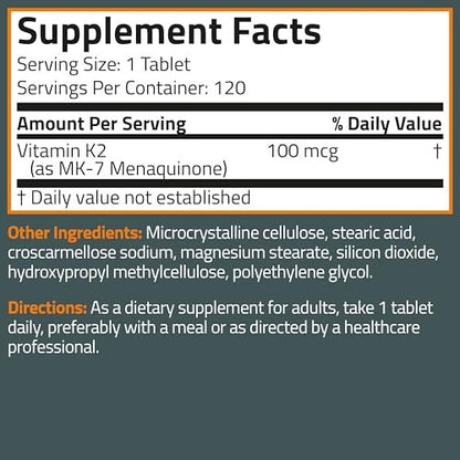 Bronson Vitamin K2 MK-7 100 MCG, K2 as MK7 Menaquinone, Bone Support Non-GMO, 120 Tablets