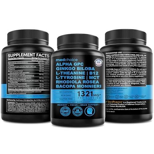12-in-1 Nootropic Brain Supplement Anhydrous: Ginkgo Biloba for Brain Support, Memory and Focus - B12, Alpha GPC, L Theanine and Choline Supplements with Bioperine Non Caffeinated 1321mg (60ct) - görsel 9