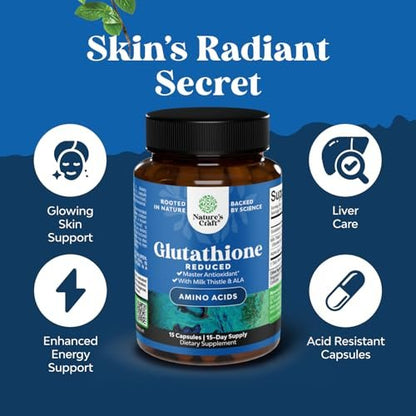 Reduced Glutathione Supplement with Milk Thistle - 500 mg per Serving Pure L Glutathione with Alpha Lipoic Acid & Milk Thistle Silymarin for Skin Radiance, Liver Support & Immune Support - 15 Count