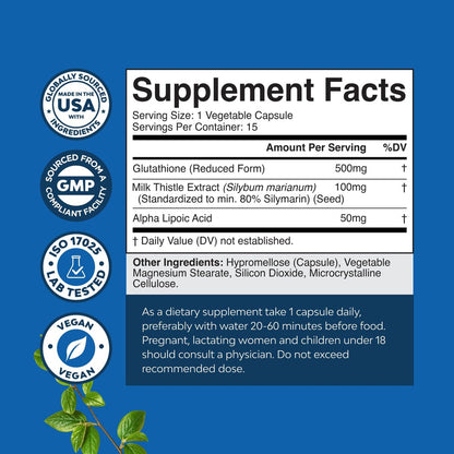 Reduced Glutathione Supplement with Milk Thistle - 500 mg per Serving Pure L Glutathione with Alpha Lipoic Acid & Milk Thistle Silymarin for Skin Radiance, Liver Support & Immune Support - 15 Count
