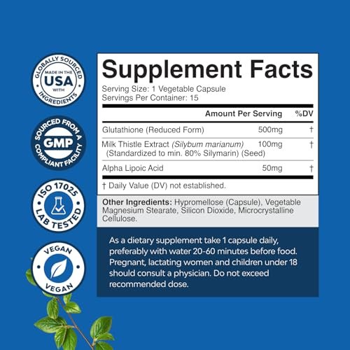 Reduced Glutathione Supplement with Milk Thistle - 500 mg per Serving Pure L Glutathione with Alpha Lipoic Acid & Milk Thistle Silymarin for Skin Radiance, Liver Support & Immune Support - 15 Count - görsel 15