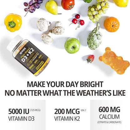 Vitamin D3 5000iu & K2 (as MK7) 200mcg Gummies + 600mg Calcium, with Coconut Oil for High Absorption, Maximum Strength Vitamin D3 K2 Supplement - Support for Bones Muscle Teeth Immune, Vegan 60 Count