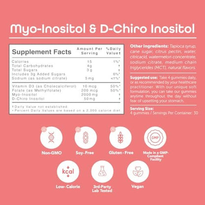 kindnature Myo-Inositol & D-Chiro Inositol Gummies for Women – 2000mg + 50mg, Ideal 40:1 Ratio – with Vitamin D & Folate – Hormone Balance & Fertility Support – Vegan, Watermelon Flavor (120 Gummies)