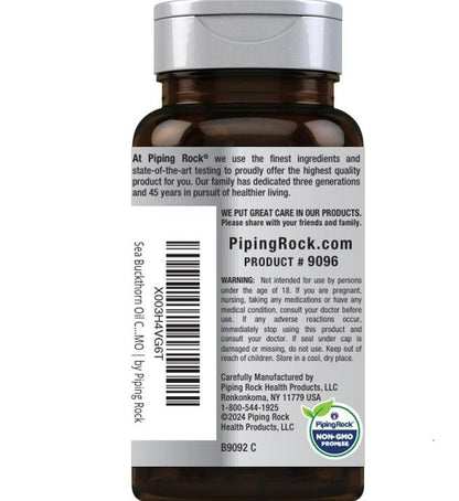 Piping Rock Sea Buckthorn Oil Capsules | 90 Softgels | Sea Buckthorn Berry Extract | with Omega-7 | Gluten Free, Non-GMO