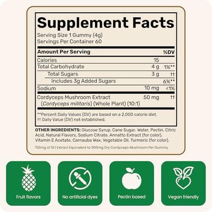 Fungies Cordyceps Mushroom Gummies, Mango & Pineapple Flavor - Mushroom Herbal Supplement Gummy for Adults Supports Endurance, Energy & Performance - Caffeine-Free Energy Gummies - 60 Servings