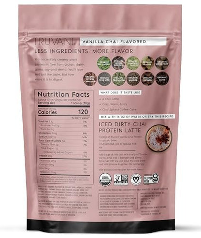 Truvani Vegan Pea Protein Powder | Vanilla Chai | 20g Organic Plant Based Protein | 10 Servings | Keto | Gluten & Dairy Free | Low Carb | No Added Sugar