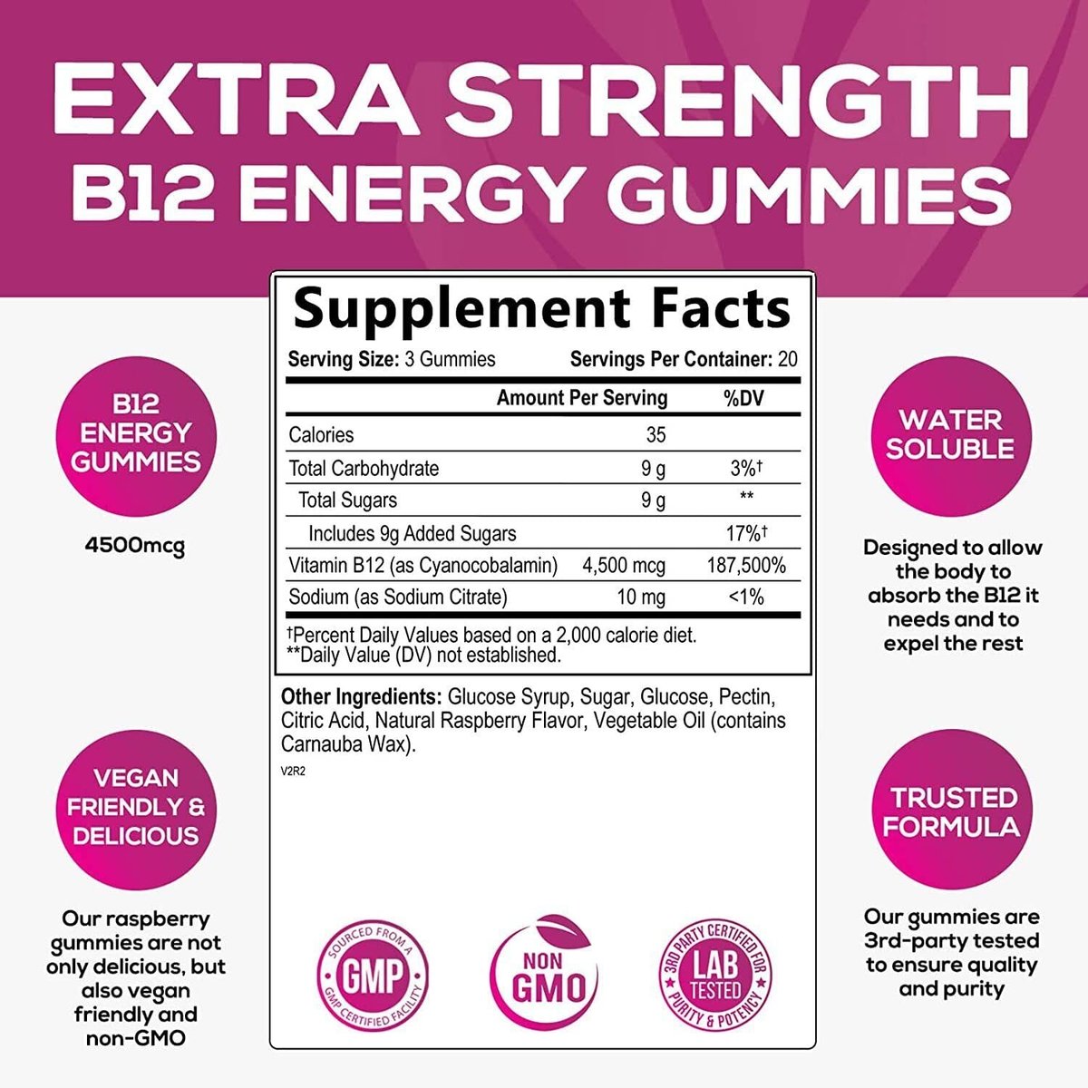 B12 Energy Gummies - 4500 mcg Vitamin B12 Per Serving - Extra Strength Chewable B12 Supplement for Energy, Metabolism & Immune Support - For Women, Men & Kids - Natural & Berry Flavored - 60 Gummies - görsel 3