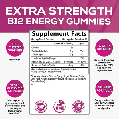 B12 Energy Gummies - 4500 mcg Vitamin B12 Per Serving - Extra Strength Chewable B12 Supplement for Energy, Metabolism & Immune Support - For Women, Men & Kids - Natural & Berry Flavored - 60 Gummies