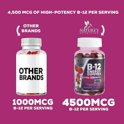 B12 Energy Gummies - 4500 mcg Vitamin B12 Per Serving - Extra Strength Chewable B12 Supplement for Energy, Metabolism & Immune Support - For Women, Men & Kids - Natural & Berry Flavored - 60 Gummies