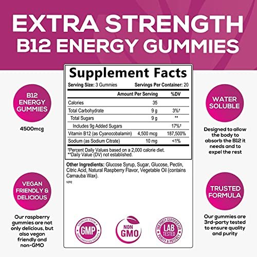 B12 Energy Gummies - 4500 mcg Vitamin B12 Per Serving - Extra Strength Chewable B12 Supplement for Energy, Metabolism & Immune Support - For Women, Men & Kids - Natural & Berry Flavored - 60 Gummies - görsel 4