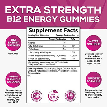B12 Energy Gummies - 4500 mcg Vitamin B12 Per Serving - Extra Strength Chewable B12 Supplement for Energy, Metabolism & Immune Support - For Women, Men & Kids - Natural & Berry Flavored - 60 Gummies